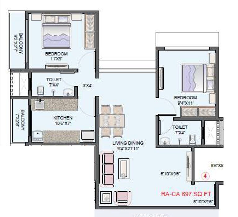 2 BHK 697 Sq. Ft. Apartment