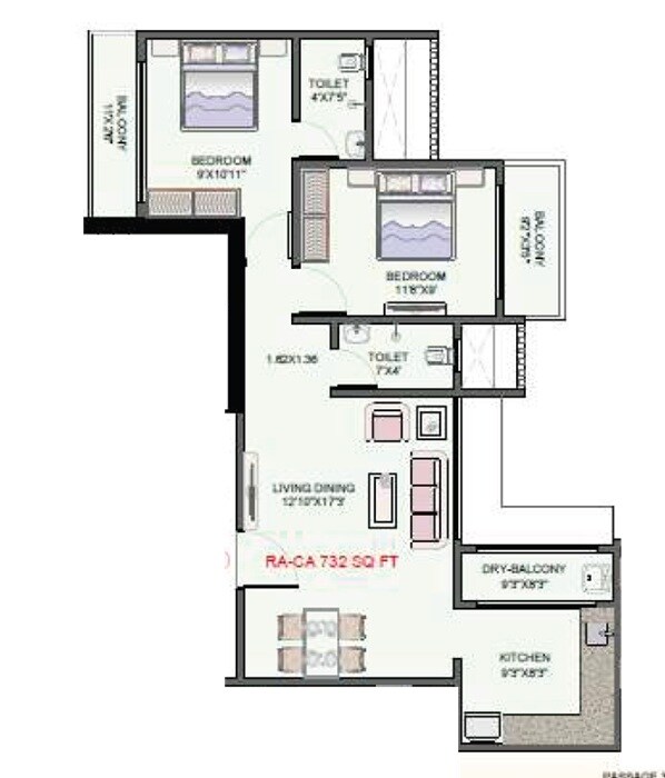 Floor plan of 2 BHK 732 Sq. Ft. Apartment in Multi Space Skylark Heights, Mumbai