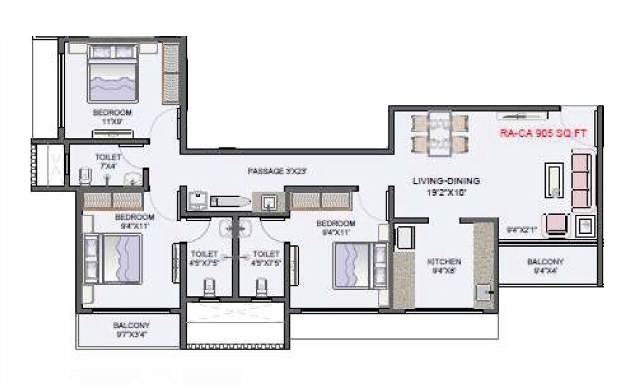 Floor plan of 3 BHK 905 Sq. Ft. Apartment in Multi Space Skylark Heights, Mumbai