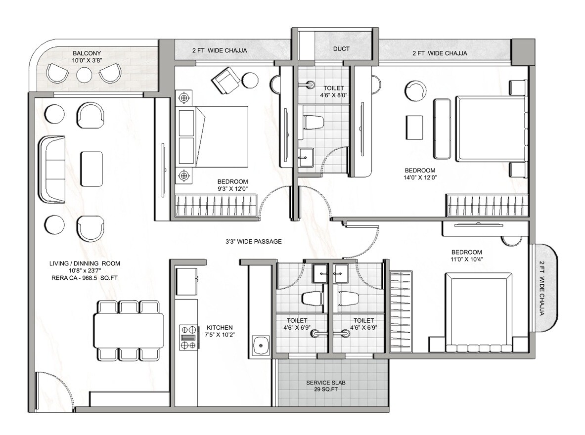 3 BHK 968 Sq. Ft. Apartment