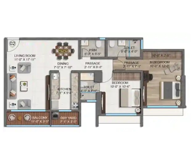 Floor plan of 2 BHK 709 Sq. Ft. Apartment in My Home Puri Seleqt, Mumbai