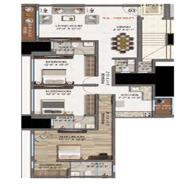 Floor plan of 3 BHK 1165 Sq. Ft. Apartment in My Home Puri Seleqt, Mumbai