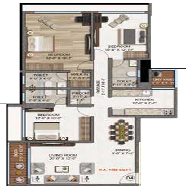 Floor plan of 3 BHK 1188 Sq. Ft. Apartment in My Home Puri Seleqt, Mumbai