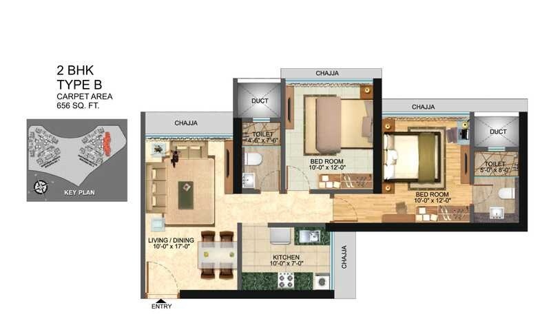Floor plan of 2 BHK 656 Sq. Ft. Apartment in N Rose Northern Heights Dahisar, Mumbai