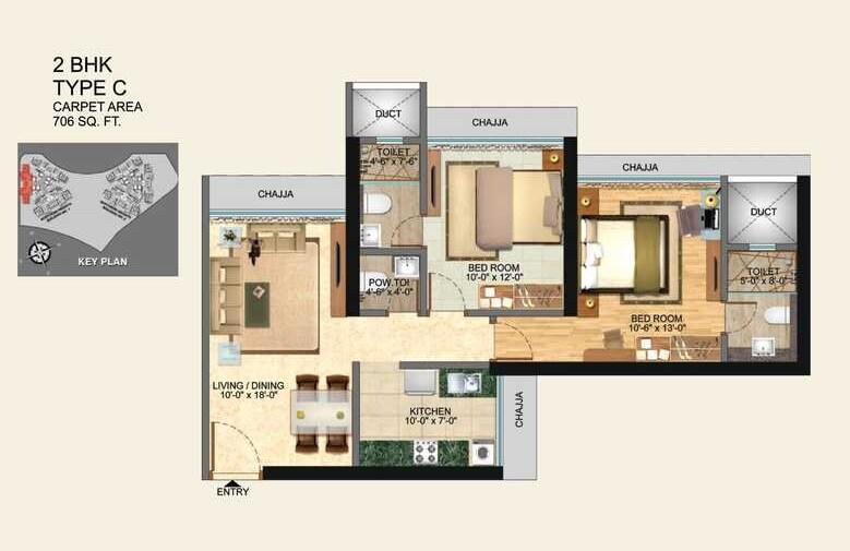 Floor plan of 2 BHK 706 Sq. Ft. Apartment in N Rose Northern Heights Dahisar, Mumbai