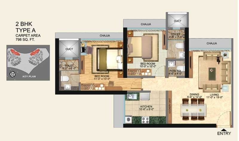 Floor plan of 2 BHK 798 Sq. Ft. Apartment in N Rose Northern Heights phase 2, Mumbai