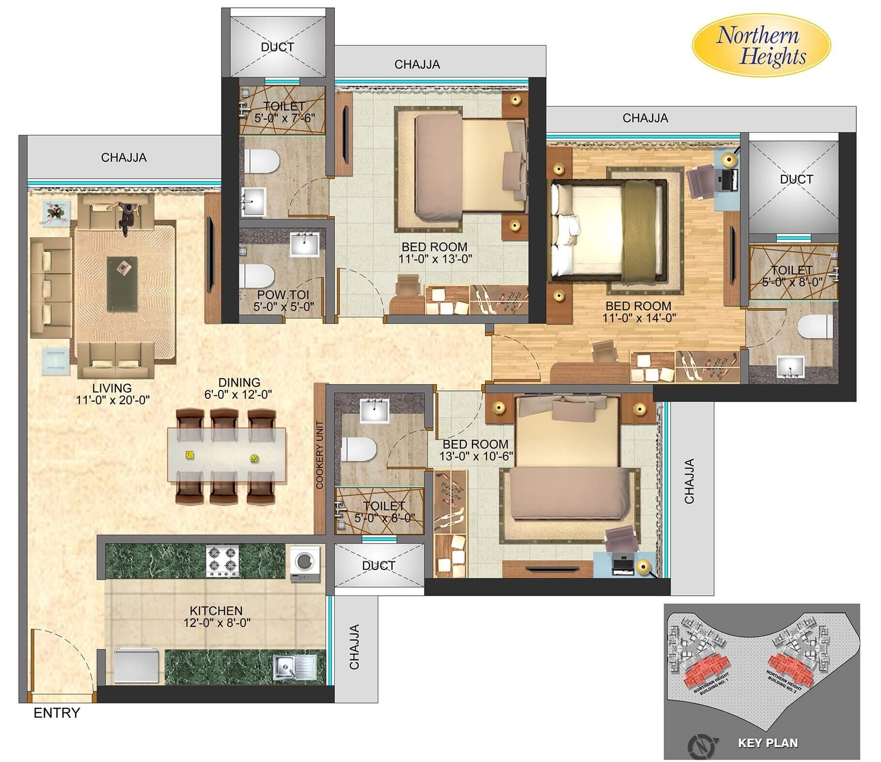 Floor plan of 3 BHK 1106 Sq. Ft. Apartment in N Rose Northern Heights phase 2, Mumbai