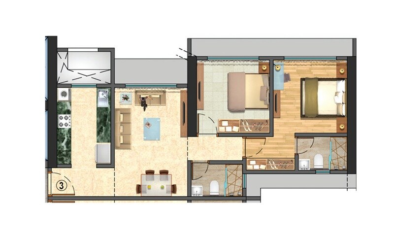 Floor plan of 2 BHK 624 Sq. Ft. Apartment in N Rose Northern Hills, Mumbai