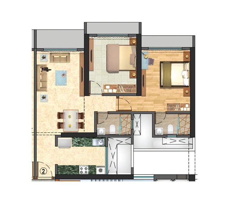 Floor plan of 2 BHK 701 Sq. Ft. Apartment in N Rose Northern Hills, Mumbai