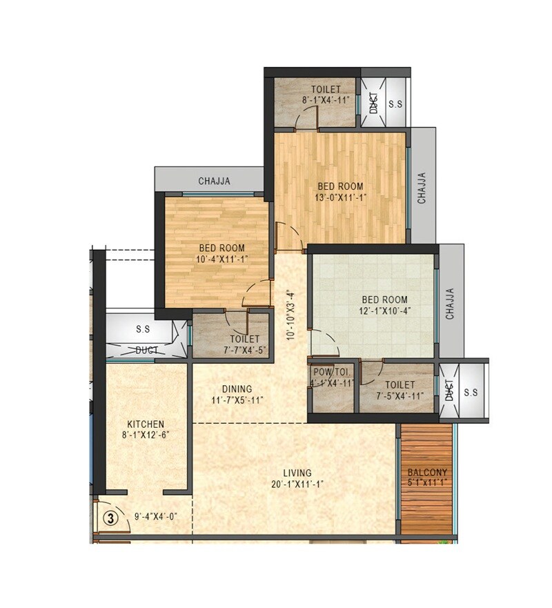 Floor plan of 3 BHK 1093 Sq. Ft. Apartment in N Rose Northern Hills, Mumbai