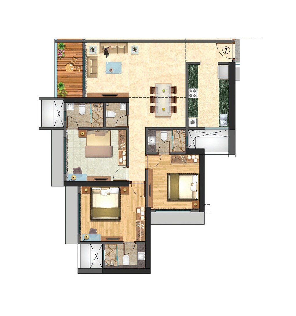 Floor plan of 3 BHK 1101 Sq. Ft. Apartment in N Rose Northern Hills, Mumbai