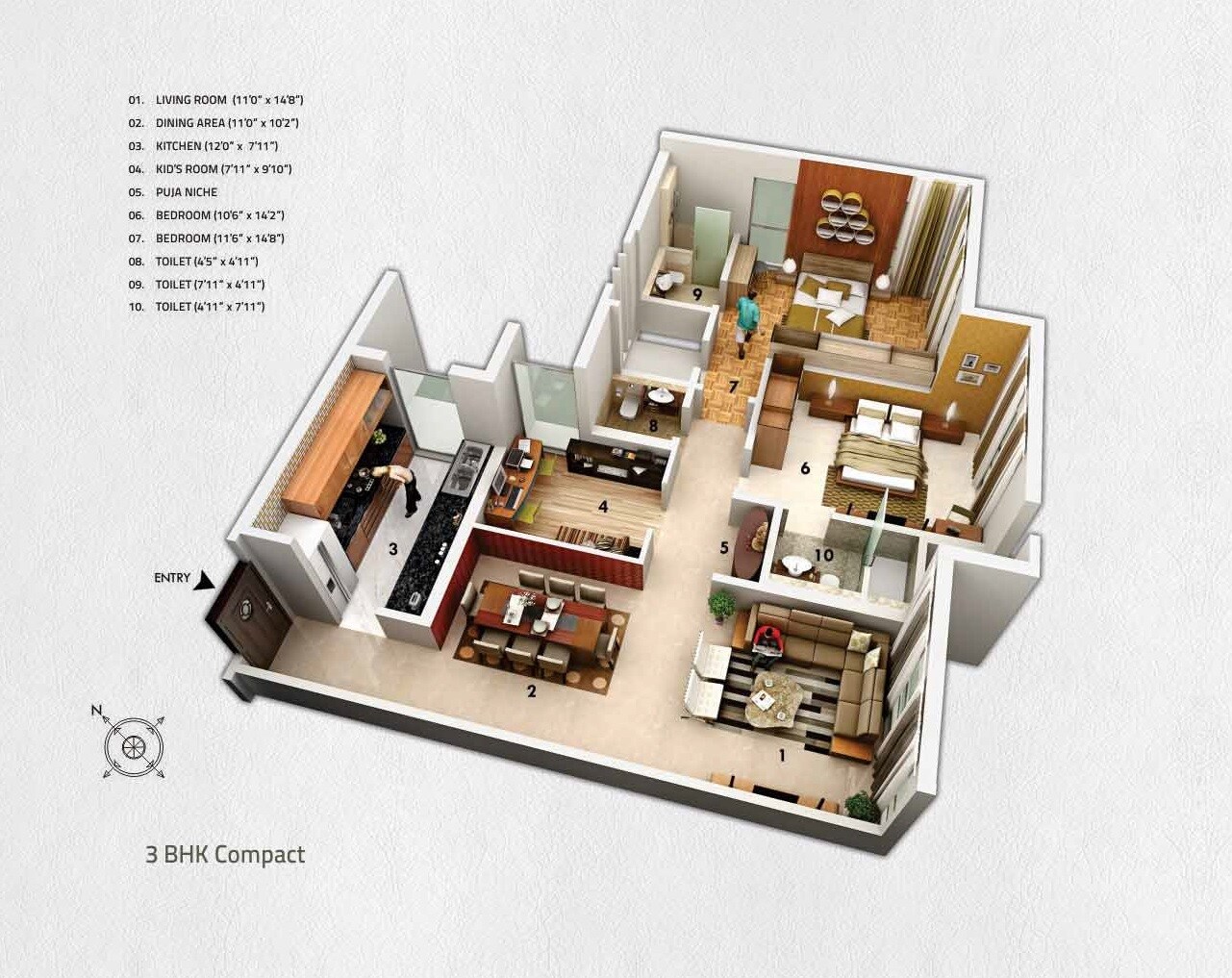 Floor plan of 3 BHK 1064 Sq. Ft. Apartment in Nahar 92 Bellevue Borivali West, Mumbai