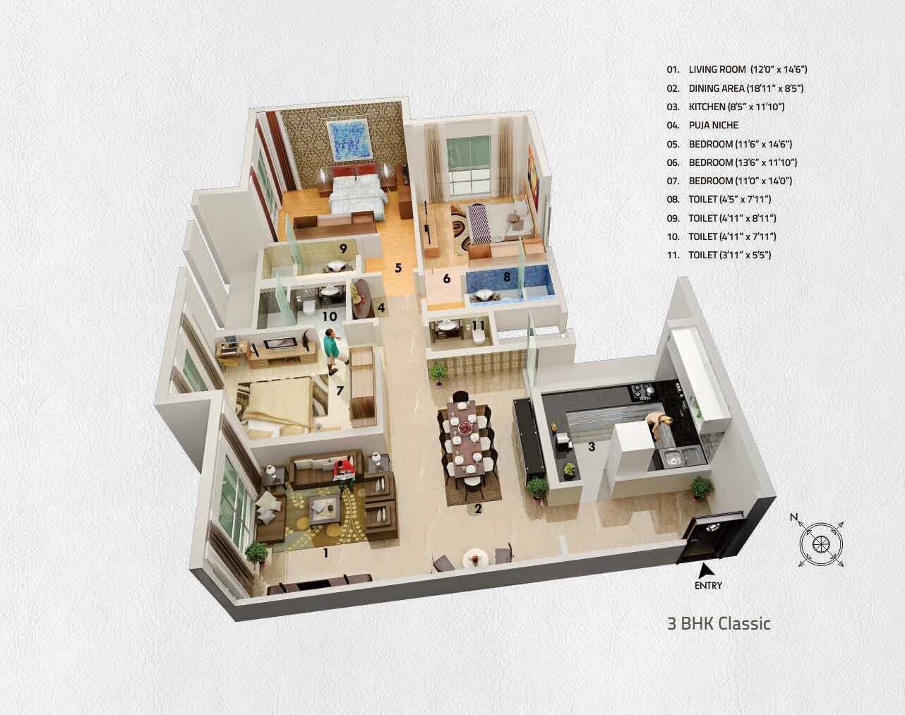 Floor plan of 3 BHK 1331 Sq. Ft. Apartment in Nahar 92 Bellevue Borivali West, Mumbai