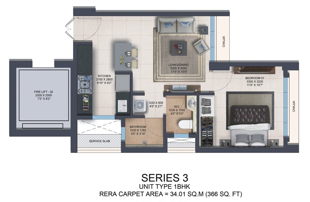 Floor plan of 1 BHK 366 Sq. Ft. Apartment in Nahar Amaryllis Towers and Plaza, Mumbai