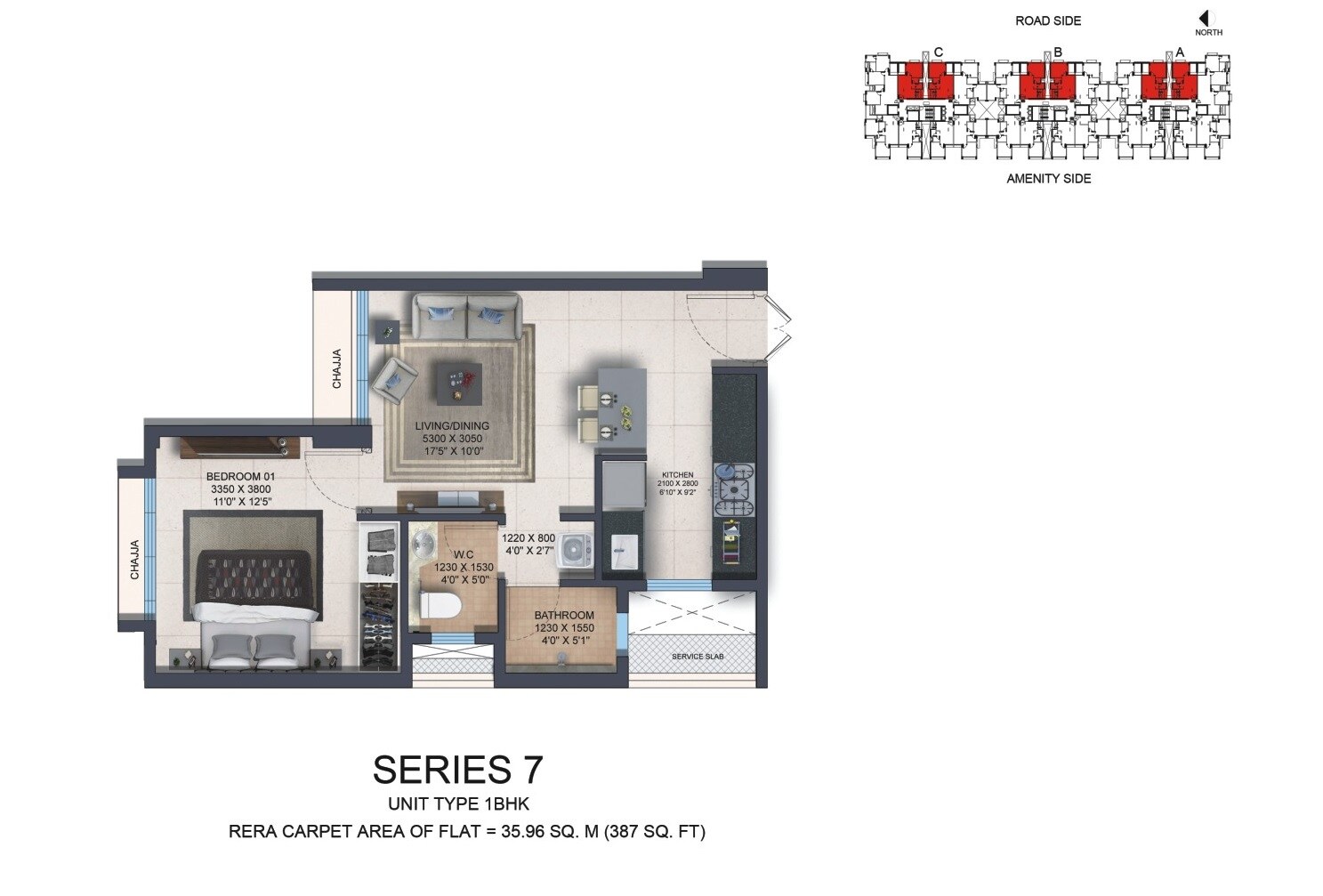Floor plan of 1 BHK 387 Sq. Ft. Apartment in Nahar Amaryllis Towers and Plaza, Mumbai