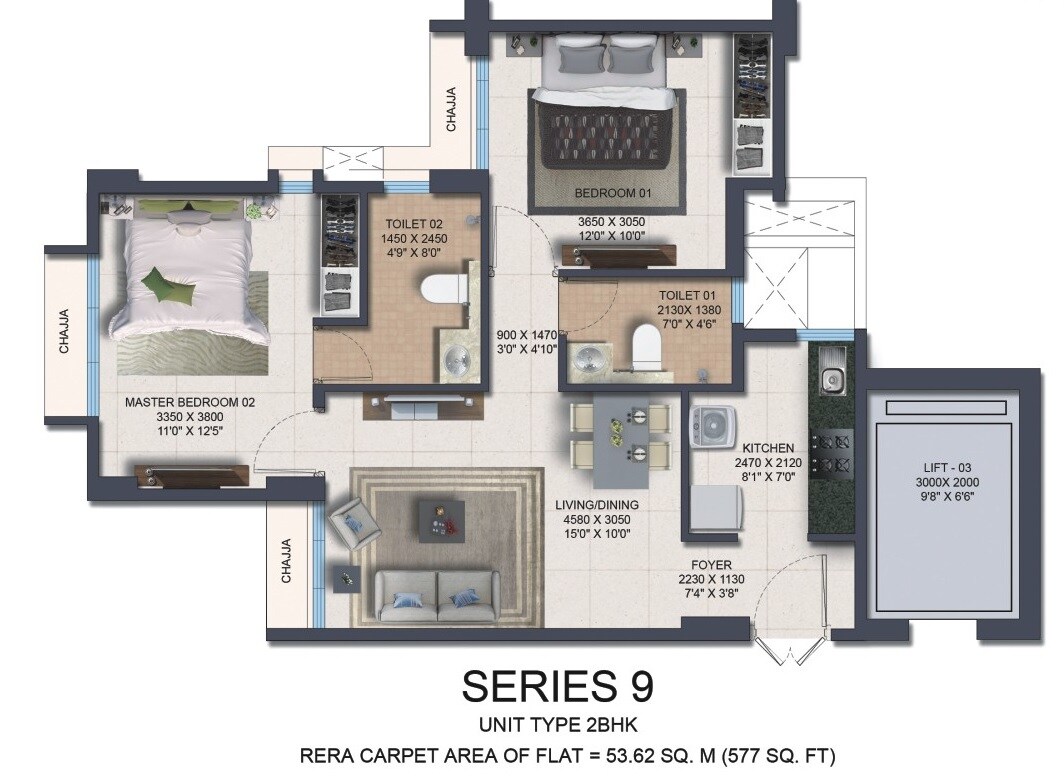 Floor plan of 2 BHK 577 Sq. Ft. Apartment in Nahar Amaryllis Towers and Plaza, Mumbai