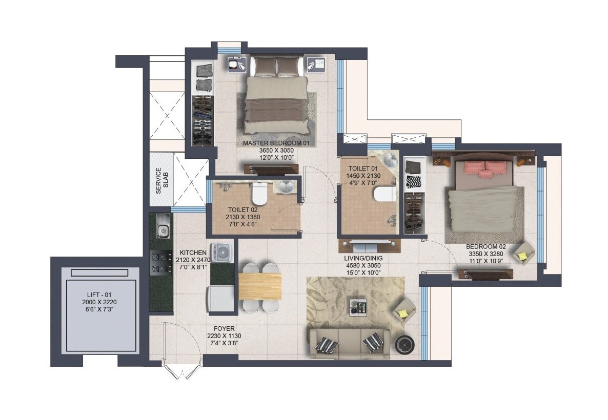 Floor plan of 2 BHK 660 Sq. Ft. Apartment in Nahar Amaryllis Towers and Plaza, Mumbai