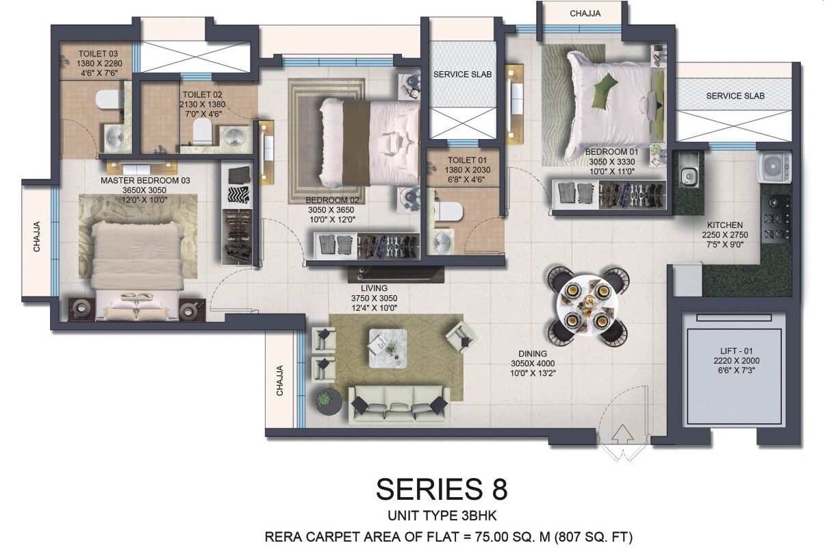 Floor plan of 3 BHK 807 Sq. Ft. Apartment in Nahar Amaryllis Towers and Plaza, Mumbai