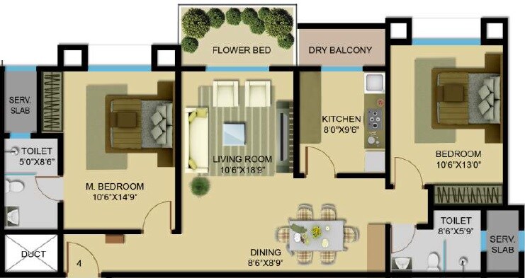 Floor plan of 2 BHK 1198 Sq. Ft. Apartment in Nahar Amrit Shakti Rosa Alba, Mumbai
