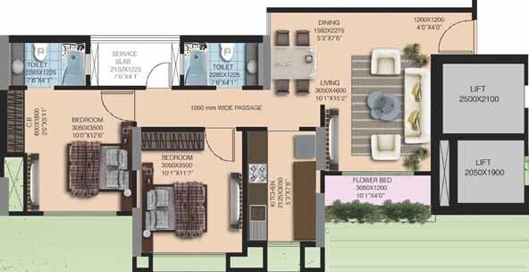 Floor plan of 2 BHK 1036 Sq. Ft. Apartment in Nahar Amrit Shakti Water Lily And White Lily, Mumbai