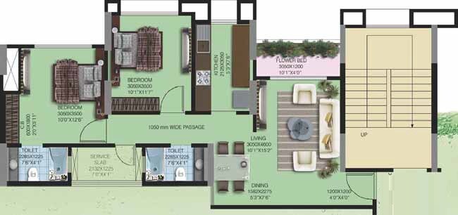 Floor plan of 2 BHK 1105 Sq. Ft. Apartment in Nahar Amrit Shakti Water Lily And White Lily, Mumbai