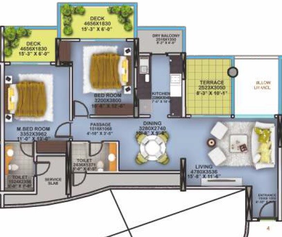 Floor plan of 2 BHK 1183 Sq. Ft. Apartment in Nahar Amrit Shakti Yvonne, Mumbai