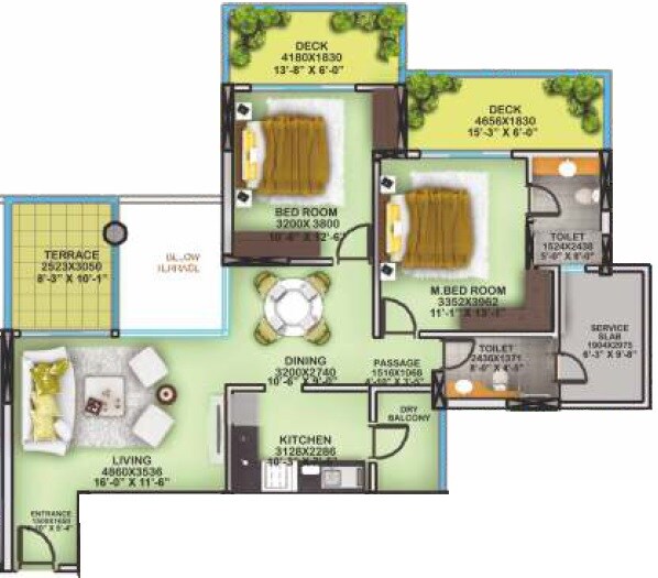 Floor plan of 2 BHK 1465 Sq. Ft. Apartment in Nahar Amrit Shakti Yvonne, Mumbai