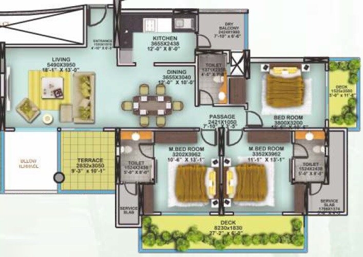 Floor plan of 3 BHK 1917 Sq. Ft. Apartment in Nahar Amrit Shakti Yvonne, Mumbai