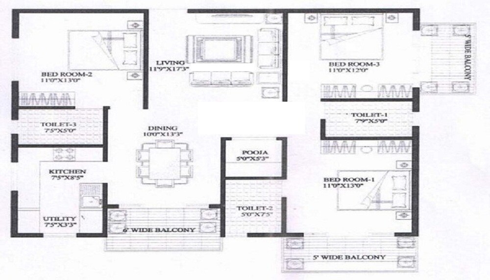 Floor plan of 3 BHK 1830 Sq. Ft. Apartment in Nahar Callalily Apartment, Mumbai