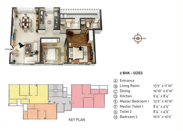 Floor plan of 2 BHK 742 Sq. Ft. Apartment in Nahar Cayenne, Mumbai