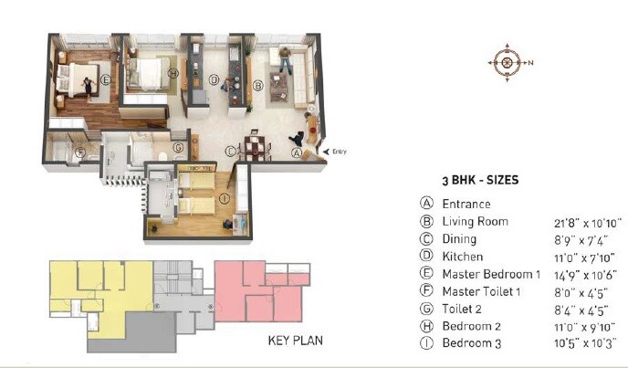 Floor plan of 3 BHK 915 Sq. Ft. Apartment in Nahar Cayenne, Mumbai