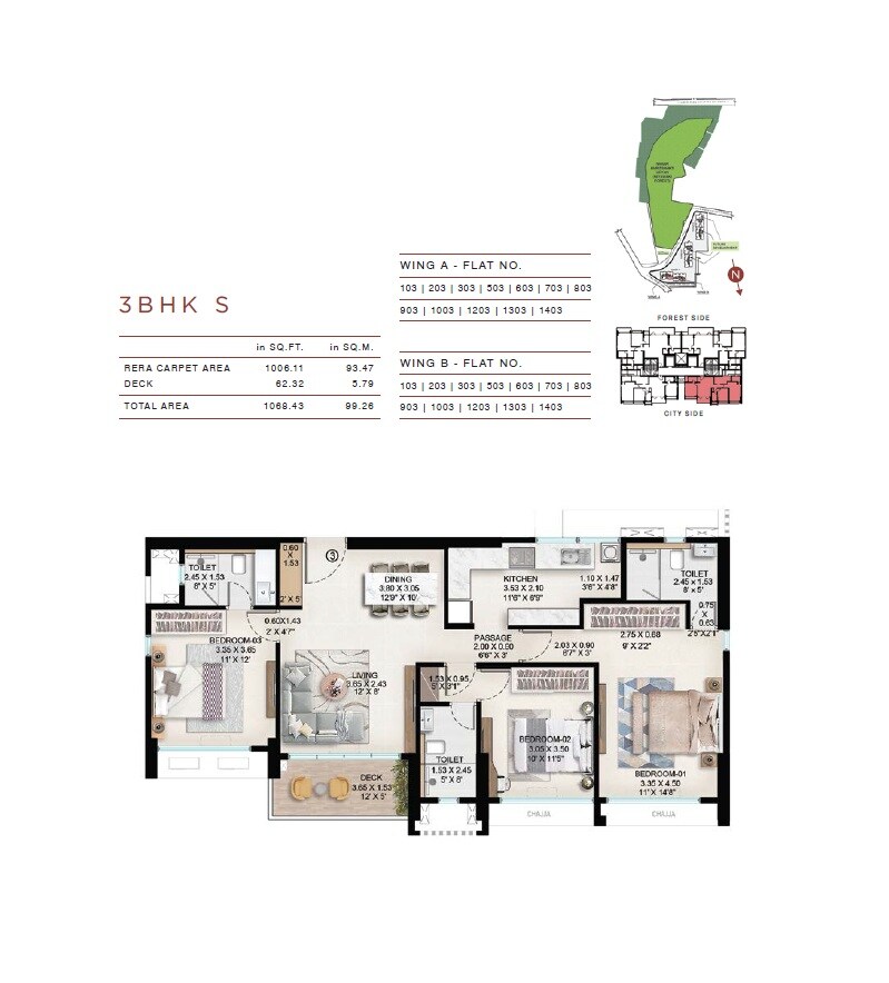 Floor plan of 3 BHK 1068 Sq. Ft. Apartment in Nahar Chandi Valley, Mumbai