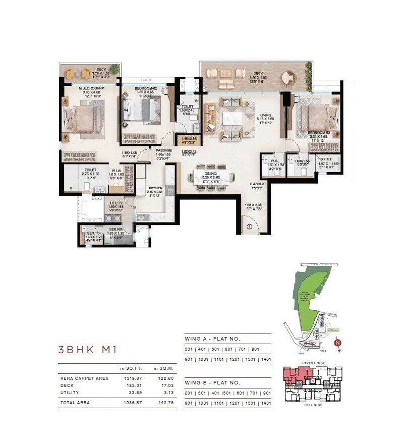 Floor plan of 3 BHK 1537 Sq. Ft. Apartment in Nahar Chandi Valley, Mumbai
