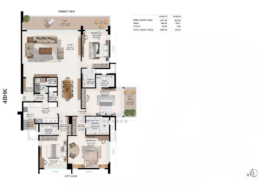 Floor plan of 4 BHK 2487 Sq. Ft. Apartment in Nahar Chandi Valley, Mumbai