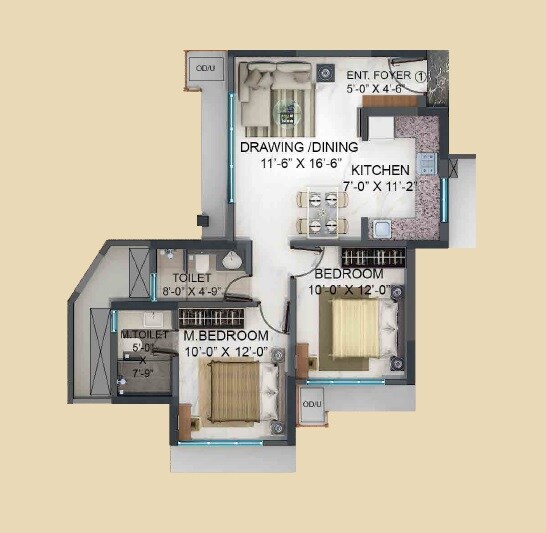 Floor plan of 2 BHK 653 Sq. Ft. Apartment in Nahar Olivia Powai, Mumbai