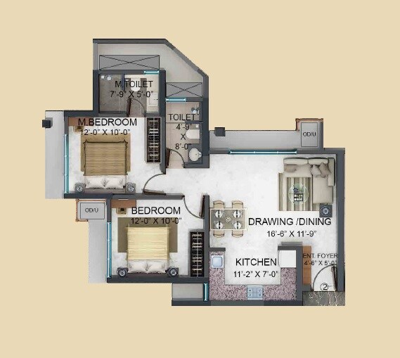 Floor plan of 2 BHK 783 Sq. Ft. Apartment in Nahar Olivia Powai, Mumbai