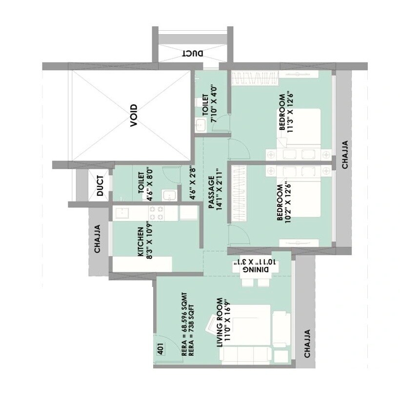 2 BHK 738 Sq. Ft. Apartment