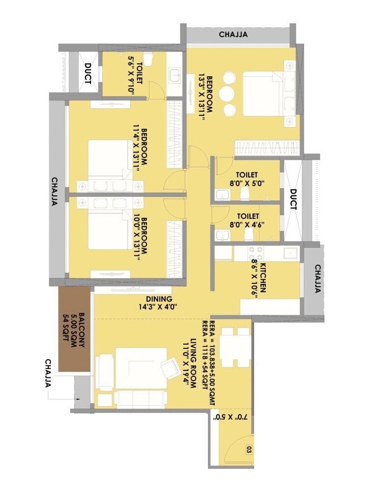 Floor plan of 3 BHK 1118 Sq. Ft. Apartment in Nahur Villa, Mumbai