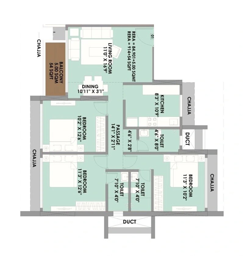 3 BHK 914 Sq. Ft. Apartment