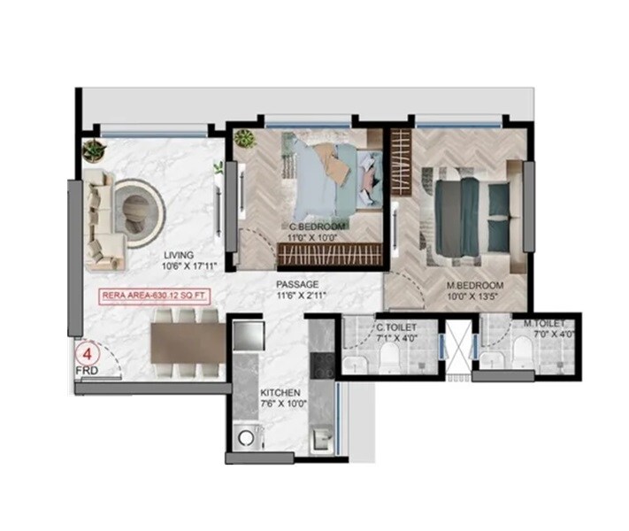 2 BHK 630 Sq. Ft. Apartment
