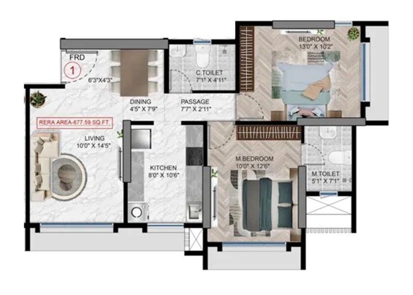 2 BHK 677 Sq. Ft. Apartment
