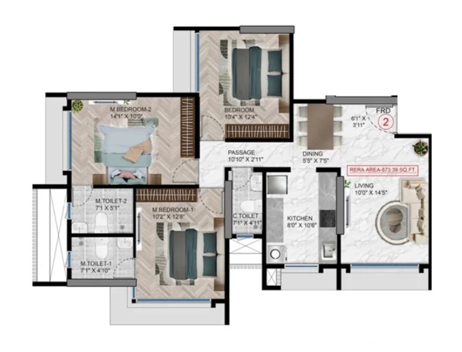 3 BHK 873 Sq. Ft. Apartment
