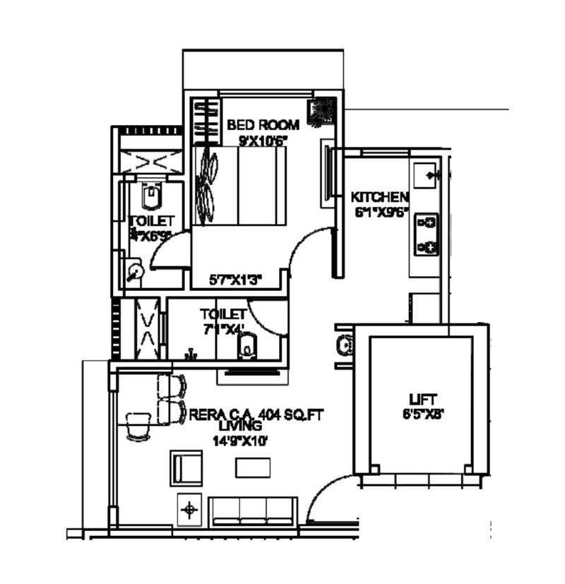 Floor plan of 1 BHK 420 Sq. Ft. Apartment in Nakul Raj, Mumbai