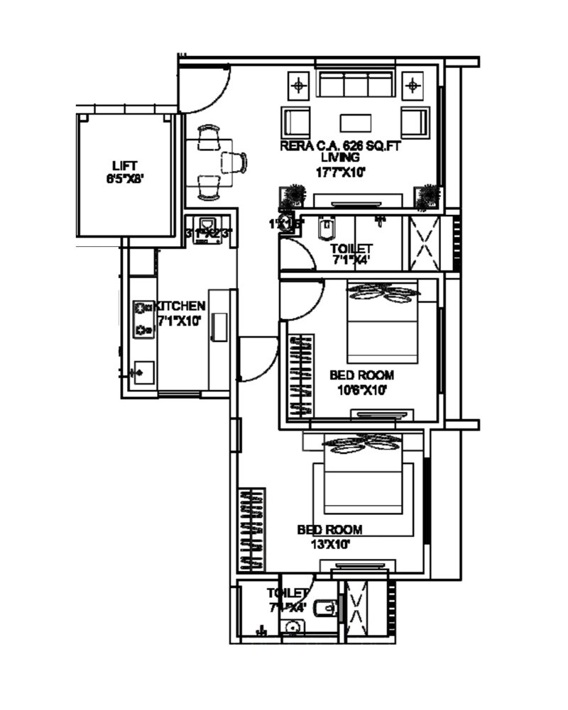 Floor plan of 2 BHK 523 Sq. Ft. Apartment in Nakul Raj, Mumbai