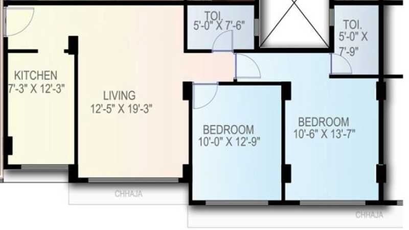 Floor plan of 2 BHK 769 Sq. Ft. Apartment in Naman Habitat, Mumbai