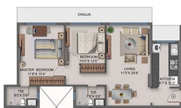 Floor plan of 2 BHK 807 Sq. Ft. Apartment in Naman Habitat, Mumbai