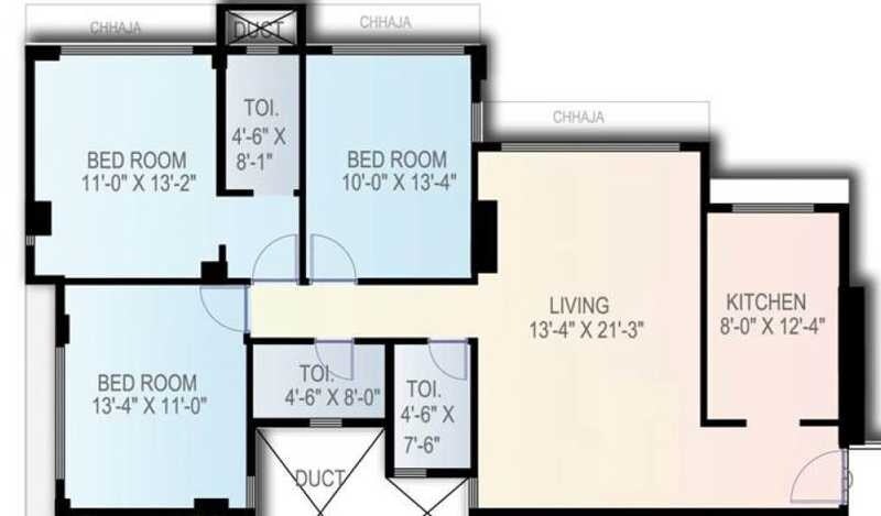Floor plan of 3 BHK 1025 Sq. Ft. Apartment in Naman Habitat, Mumbai