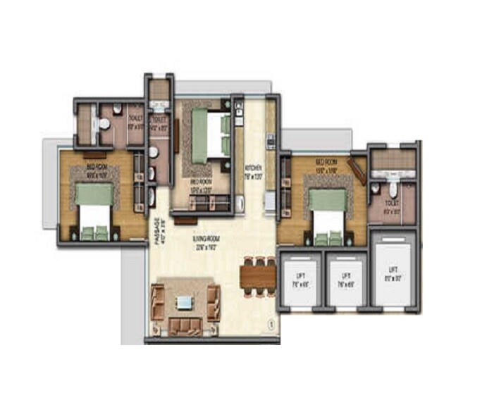 Floor plan of 3 BHK 1021 Sq. Ft. Apartment in Naman Regency, Mumbai