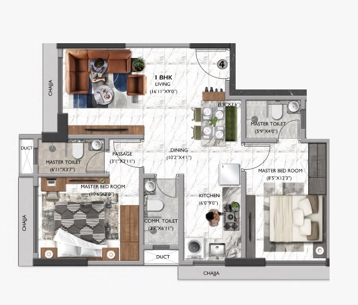Floor plan of 2 BHK 563 Sq. Ft. Apartment in Naminath Onyx, Mumbai