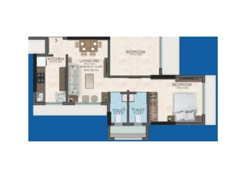 Floor plan of 1 BHK 432 Sq. Ft. Apartment in Namo Shantiniketan, Mumbai